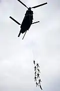 Soldiers from the 7th SFG(A) practice SPIE techniques from a MH-47 Chinook at Eglin AFB, February 2013