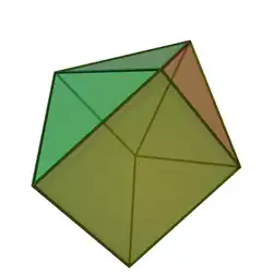 Augmented triangular prism: The result of gluing a triangular prism to a square pyramid, this has six equilateral triangle faces and two square faces. It is also a Johnson solid.[14]