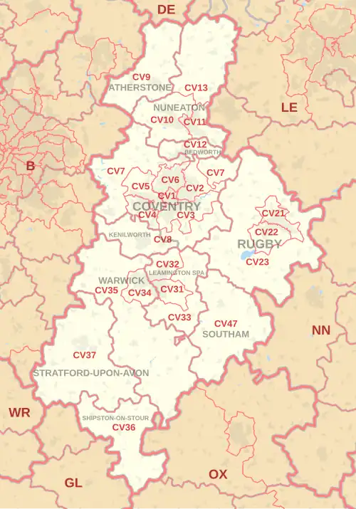 CV postcode area map, showing postcode districts, post towns and neighbouring postcode areas.