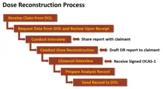 A flow diagram showing the seven steps associated with the dose reconstruction process.