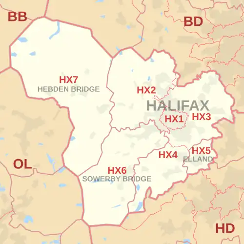 HX postcode area map, showing postcode districts, post towns and neighbouring postcode areas.