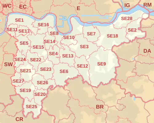 SE postcode area map, showing postcode districts, post towns and neighbouring postcode areas.