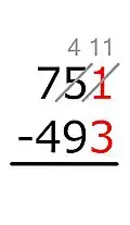 1 − 3 = not possible. We add a 10 to the 1. Because the 10 is "borrowed" from the nearby 5, the 5 is lowered by 1.