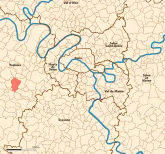 Location (in red) within Paris inner and outer suburbs