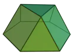 Triangular cupola: Another Johnson solid, this has one regular hexagon face, three square faces, and four equilateral triangle faces.[14]